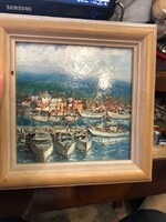 Balatoni kikötő ábrázolás, festmény, olaj,vászon, szignált, 16 x 16 cm