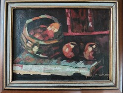 Painter from Nagybánya with a large Oscar mark - still life with apples - restored Transylvanian private collection
