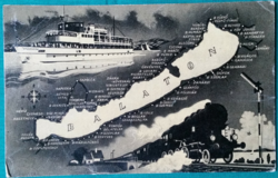 Postcard with Balaton map, drawing: Frigyes Farnadi, ran, 1958