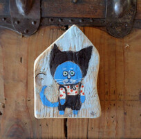 Bluebe - rustic painted decoration - can be hung on the wall - gift idea - kitten - cat - animal