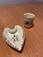 Zsolnay szív alakú tál (gyűrűtartó / hamutál) + búzavirágos boros pohár