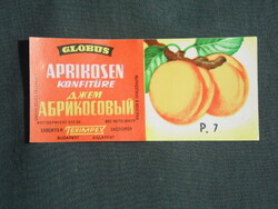 Canned food label, Hungarian canning factory, Globus apricot jam