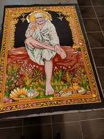 Sai Baba fehér dhoti-ban, Eredeti indiai vászonra festett Sai Baba batik falikép Indiából