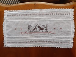 Old embroidered deer tablecloth. 49X26 cm