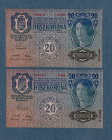 20 Korona 1913 II. kiadás Deutschösterreich bélyegzés  aUNC 2 db sorszám követő páros