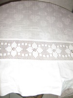 Beautiful vintage hand-crocheted damask curtain with a white pattern with a lace bottom