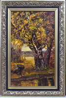 Barcza Andrásné: Magányos őszi fa olajfestmény 50x30cm