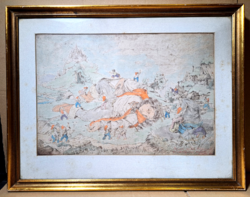 Gulliver in Lilliput - in a colored etching frame, John of the Plains mark?