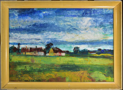 János Szűcs (1917-1995): farm oil painting 50x70cm