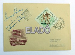 1953 Aranycsapat angol-magyar dedikált emlékboríték alkalmi bélyegzéssel, aznapi bélyeggel