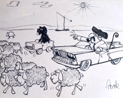 Török Lajos karikatúra, humoros illusztráció - tollrajz (28x21 cm) pásztor, kutya, bárányok