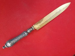Large knife with a silver handle, gilded blade, damaged on the handle. 32 Cm.