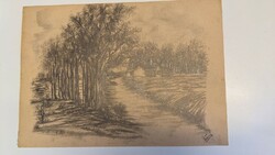 Kázmér Wosinsky: pencil drawing by the stream (Kismarton 1895-1967 Sopron)