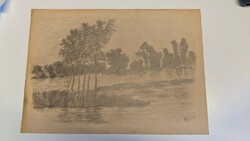 Kázmér Wosinsky: riverbank pencil drawing (kismarton 1895-1967 sopron)