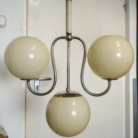 Art deco - Bauhaus 3 égős nikkelezett csillár felújítva - krémszínű gömb búrák