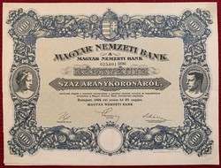 RÉSZVÉNY 1924 - MAGYAR NEMZETI BANK - 100 ARANYKORONA