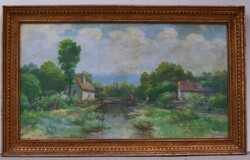 Large painting by István Horváth from Halas: stream bank