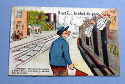Old humorous graphic postcard locomotive train station