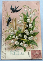 Antik dombornyomott üdvözlő litho  képeslap -  gyöngyvirág és fecskék