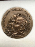 Bronz dombormű-plakett F. Passy francia és R. Cremer brit Nobel-békedíjasok képmásával