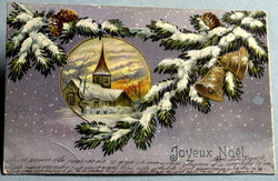 Antique embossed Christmas greeting card - winter landscape in medallion snowy pine branch golden bell