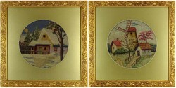 1P355 pair of old tapestries in a gilded frame 63 x 63 cm