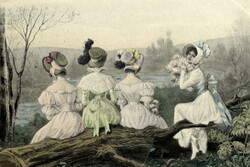 Antique mm vienne hand-colored graphic greeting card - hiking ladies resting on a tree trunk