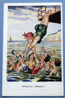 Régi humoros  litho művész  képeslap -  fürdőző hölgyek