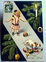 Antique Embossed Christmas Greeting Card - Little Girl Crying Dog Steals Toy from 1908