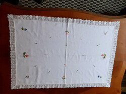 Old hand-embroidered tablecloth with a lace edge. 73X50 cm