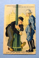 Old humorous graphic postcard of a chubby man and a policeman