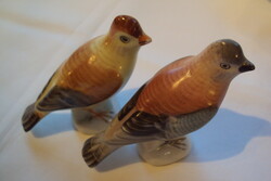 Két kis színes tollú, porcelán énekes madár --- Aquincum jelöléssel.