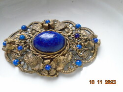 Antik viktoriánus ötvösmunka Tűzaranyozott nagy filigrán bross 1 nagy,12 kis lapis lazuli kövekkel