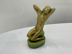 Zsolnay eozin longing nude female sculpture figure shield seal girl