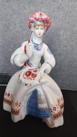 Russian porcelain embroidering female statue in folk costume, hand painted, 24 x 17 x 10 cm