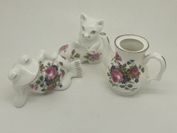 Angol virágos porcelán tárgyak - béka macska kis kancsó 7cm