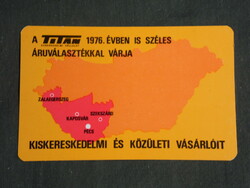 Card calendar, titanium iron technical stores, Pécs, Kaposvár, Szekszárd, country with map, 1976, (2)