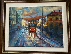 Prague tram - oil in cardboard frame - József Hochmann.