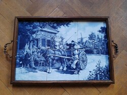 Old blue Dutch faience ceramic decorative tile tray 33x48 cm, wooden frame bronze handle horse cart windmill
