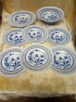 Pirkenhammer kék mintás áttört porcelán kínáló készlet, 8 darabos, vitrin állapotú
