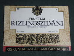 Wine label, Kiskunhalas winery, wine farm, Balota Rieslingsylvania steak wine