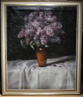 Tibor Szontágh (1873-1930) painting, floral still life / lilacs / oil on canvas, with frame: 67 x 57 cm