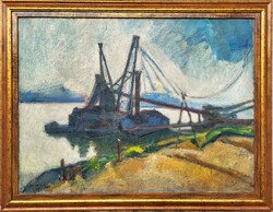 Novotny Emil Róbert (1898 - 1975) Rakodó Uszályok a Dunán 1932 c. festménye Eredeti Garanciával!
