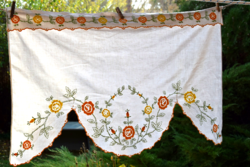 Antique old linen drapery curtain stained glass hand embroidered folk tradition 99 x 65