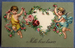 Antik dombornyomott üdvözlő képeslap - puttók, virág, rózsa, szív  1908ból