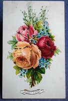 Antik glitteres üdvözlő dekupázs képeslap - rózsa és valódi préselt virág  1905ből