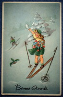Art deco New Year's graphic greeting card - skiing children