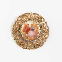 Victorian style golden brooch with porcelain image - vintage lapel pin