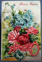 Antique embossed New Year greeting card - rose, flower cart, forget-me-not from 1908