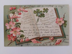 Old postcard 1905 embossed postcard clover cherry blossom